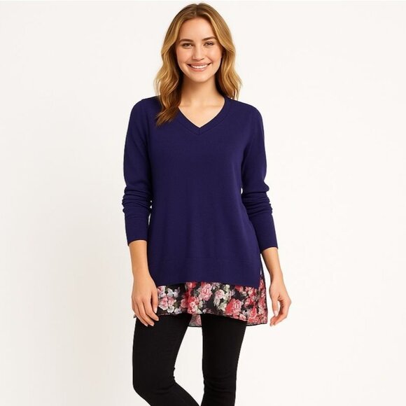 LOGO by Lori Goldstein Sweater Cotton Cashmere Floral Chiffon Hem A261080 Size S - Picture 1 of 13